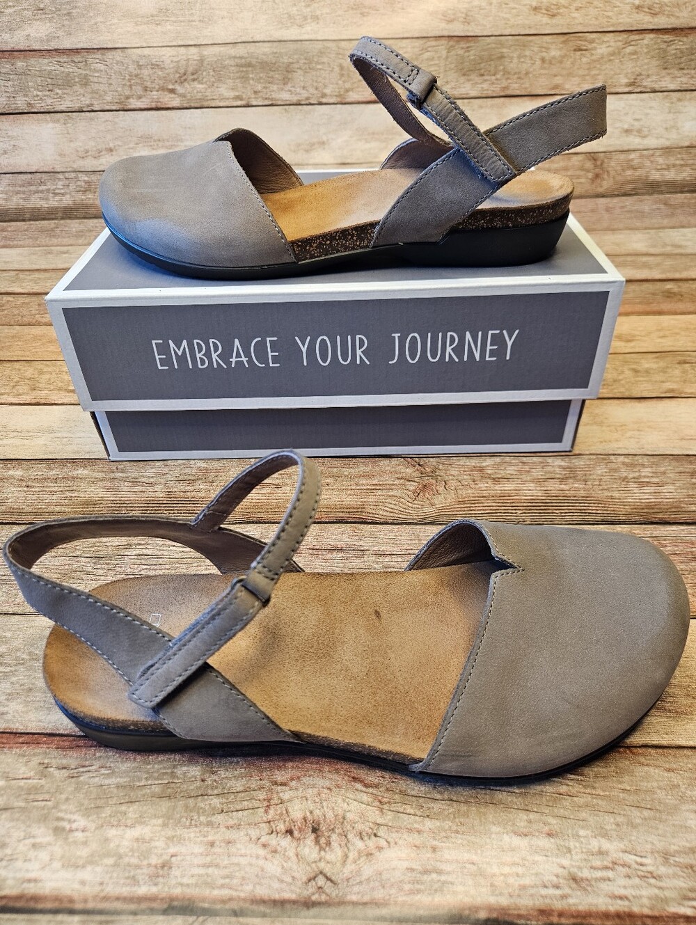 Dansko Women's Rowan closed-toe sandal in taupe milled nubuck. Size 40